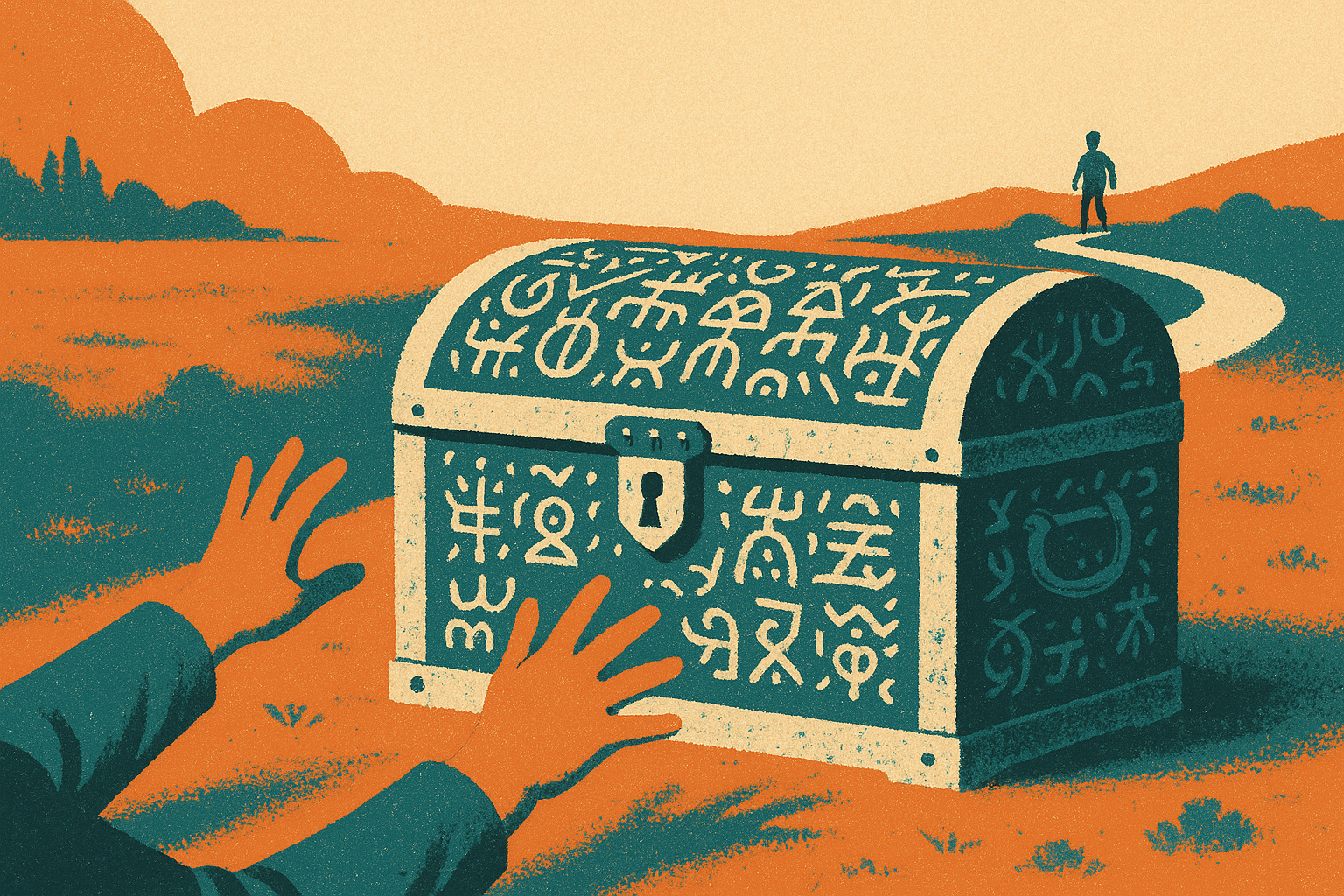 Child's hands reaching toward an ornate closed box with decorative script, symbolizing inaccessible heritage