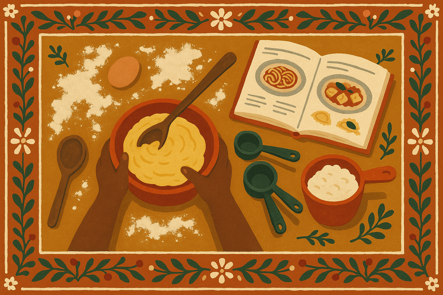 Child's hands mixing ingredients in a bowl on a kitchen counter with flour and an Italian cookbook nearby